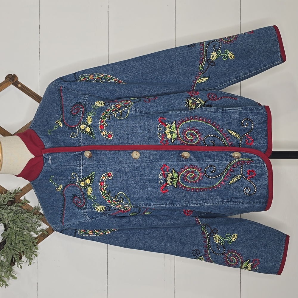 Vintage Orvis Oversized Colorfully Embroidered Button Denim Barn Jacket Sz S